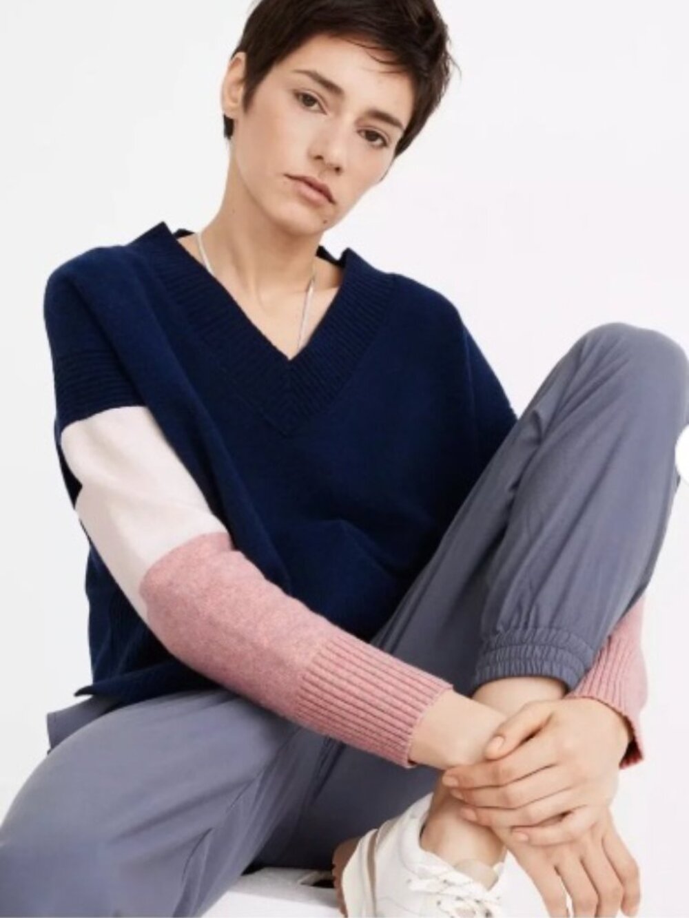 Madewell V-neck Sweater with Colourblock Sleeves, Navy Blue, 2X